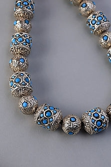 White Finish Turquoise Beaded Temple Necklace In Sterling Silver