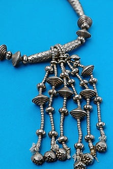 White Finish Beaded Tribal Necklace In Sterling Silver