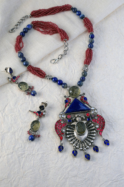 White Finish Kundan Polki Long Temple Necklace Set In Sterling Silver