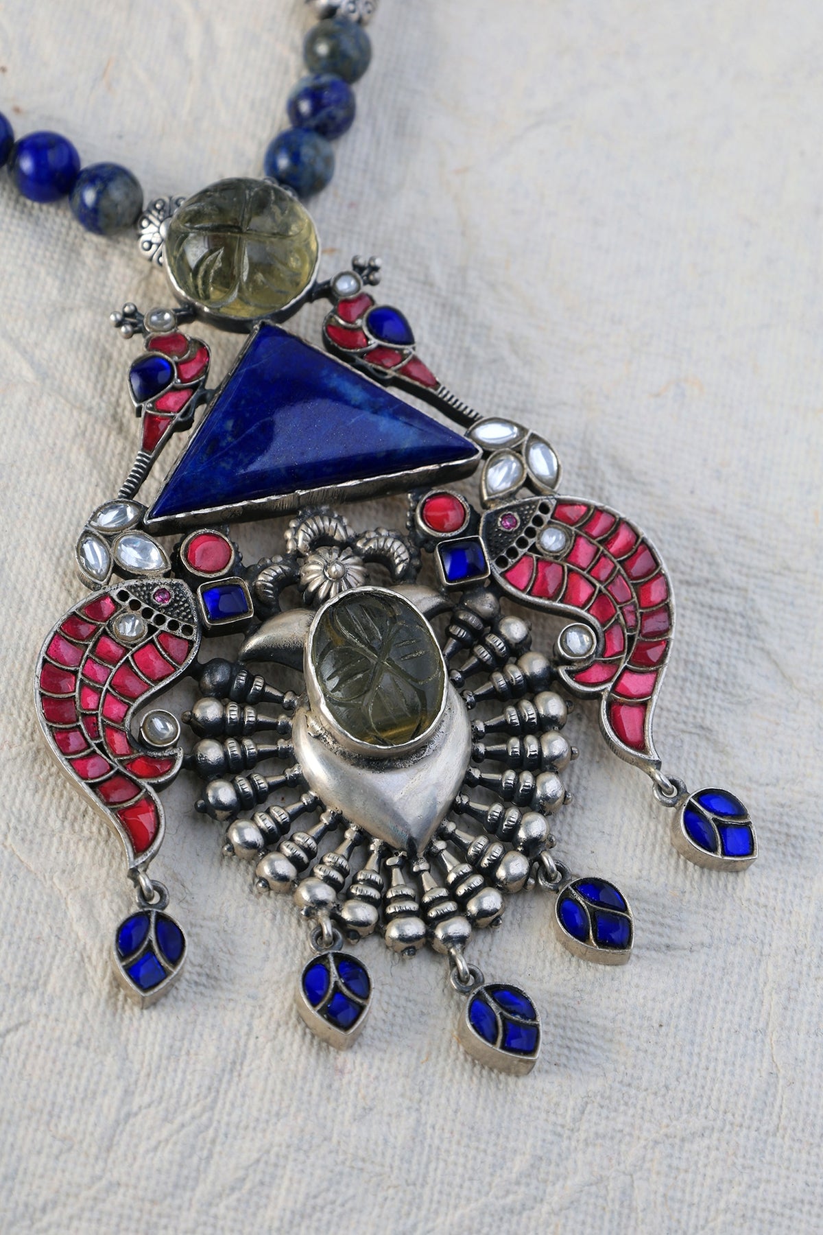 White Finish Kundan Polki Long Temple Necklace Set In Sterling Silver