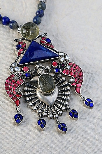 White Finish Kundan Polki Long Temple Necklace Set In Sterling Silver