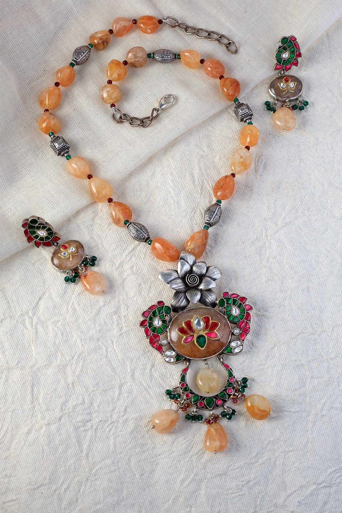 White Finish Kundan Polki Long Temple Necklace Set In Sterling Silver