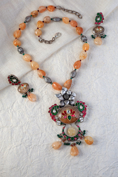 White Finish Kundan Polki Long Temple Necklace Set In Sterling Silver