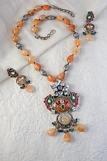 White Finish Kundan Polki Long Temple Necklace Set In Sterling Silver