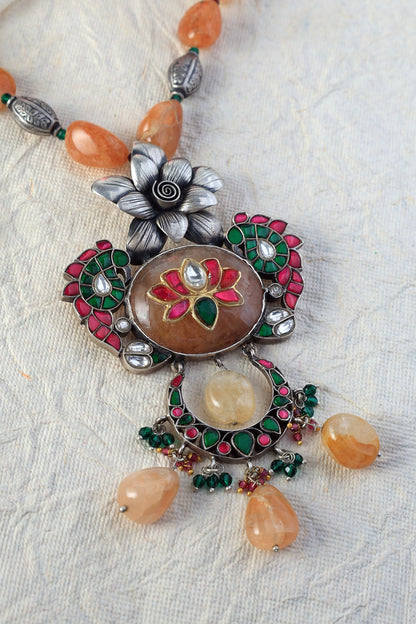 White Finish Kundan Polki Long Temple Necklace Set In Sterling Silver