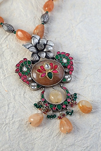 White Finish Kundan Polki Long Temple Necklace Set In Sterling Silver