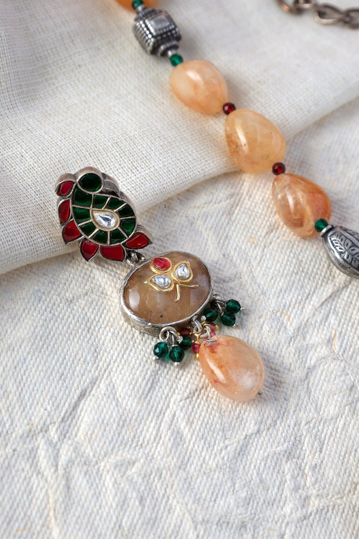 White Finish Kundan Polki Long Temple Necklace Set In Sterling Silver