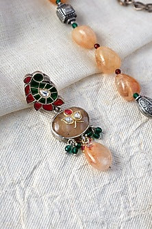 White Finish Kundan Polki Long Temple Necklace Set In Sterling Silver
