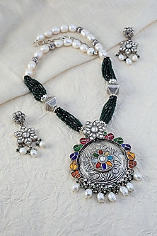 White Finish Navratna Stone Long Temple Necklace Set In Sterling Silver