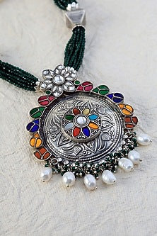 White Finish Navratna Stone Long Temple Necklace Set In Sterling Silver