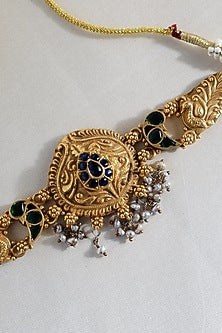 White Finish Kundan Polki Temple Peacock Choker Necklace In Sterling Silver
