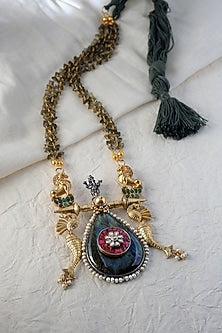 White Finish Kundan Polki & Labradorite Stone Temple Long Necklace In Sterling Silver