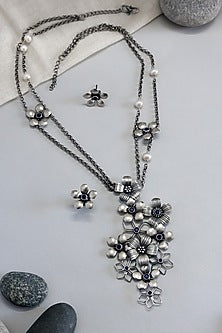 White Finish Sapphire Stone Long Floral Necklace Set In Sterling Silver