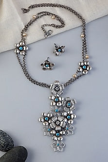 White Finish Turquoise Stone Long Floral Temple Necklace Set In Sterling Silver