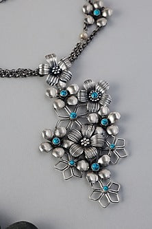 White Finish Turquoise Stone Long Floral Temple Necklace Set In Sterling Silver