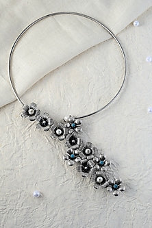 White Finish Turquoise Stone Floral Temple Necklace In Sterling Silver