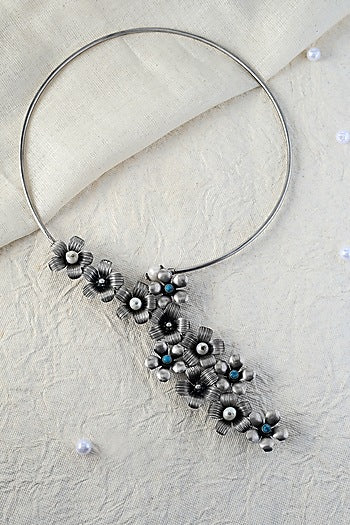 White Finish Turquoise Stone Floral Temple Necklace In Sterling Silver
