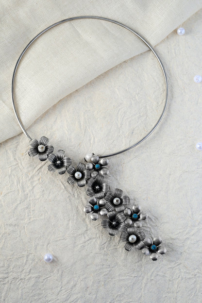 White Finish Turquoise Stone Floral Temple Necklace In Sterling Silver