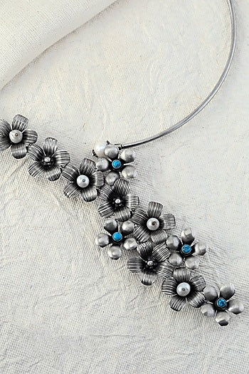 White Finish Turquoise Stone Floral Temple Necklace In Sterling Silver