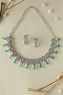 White Finish Onyx & Pearl Floral Temple Necklace Set In Sterling Silver