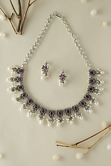 White Finish Onyx & Pearl Temple Necklace Set In Sterling Silver
