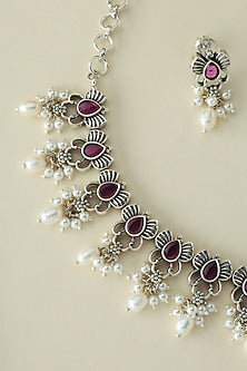 White Finish Onyx & Pearl Temple Necklace Set In Sterling Silver