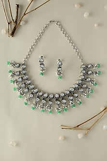White Finish CZ & Pearl Temple Necklace Set In Sterling Silver