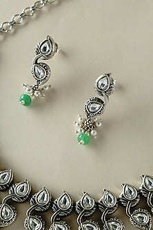 White Finish CZ & Pearl Temple Necklace Set In Sterling Silver