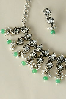 White Finish CZ & Pearl Temple Necklace Set In Sterling Silver