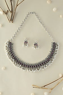White Finish Onyx & Pearl Temple Necklace Set In Sterling Silver