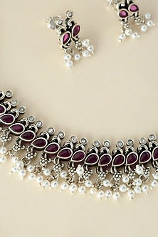 White Finish Onyx & Pearl Temple Necklace Set In Sterling Silver