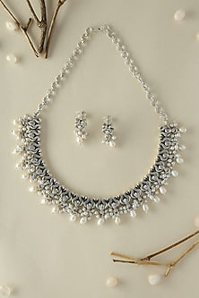 White Finish Onyx & Pearl Temple Bird Necklace Set In Sterling Silver
