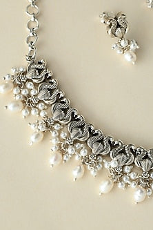 White Finish Onyx & Pearl Temple Bird Necklace Set In Sterling Silver