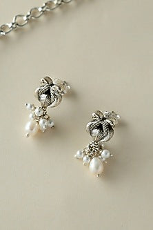 White Finish Onyx & Pearl Temple Bird Necklace Set In Sterling Silver
