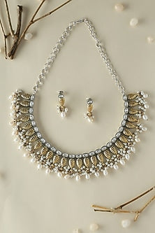 Two Tone Finish Onyx & Pearl Temple Necklace Set In Sterling Silver