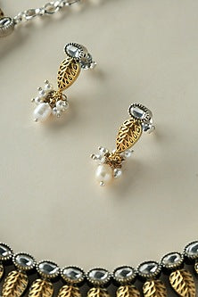 Two Tone Finish Onyx & Pearl Temple Necklace Set In Sterling Silver
