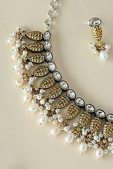 Two Tone Finish Onyx & Pearl Temple Necklace Set In Sterling Silver