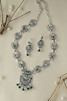 White Finish Onyx & Pearl Temple Long Necklace Set In Sterling Silver