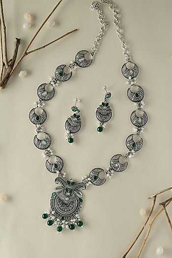 White Finish Onyx & Pearl Temple Long Necklace Set In Sterling Silver