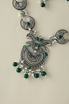 White Finish Onyx & Pearl Temple Long Necklace Set In Sterling Silver