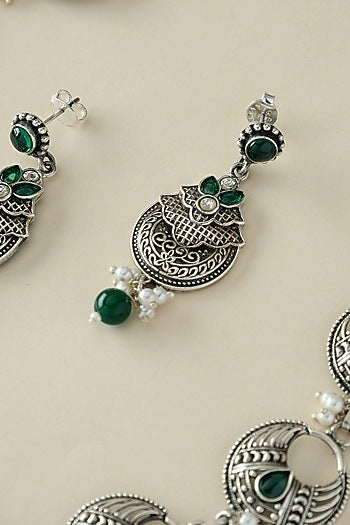 White Finish Onyx & Pearl Temple Long Necklace Set In Sterling Silver