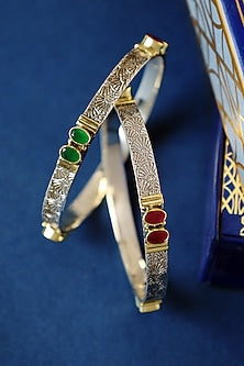 Two Tone Finish Ruby Onyx Temple Bangles In Sterling Silver (Set Of 2)
