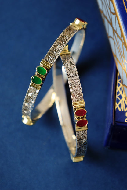Two Tone Finish Ruby Onyx Temple Bangles In Sterling Silver (Set Of 2)