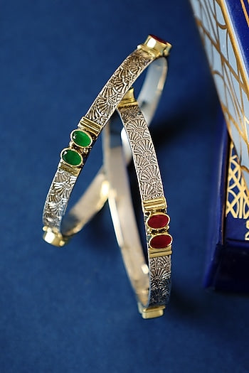 Two Tone Finish Ruby Onyx Temple Bangles In Sterling Silver (Set Of 2)