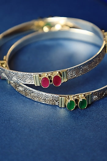Two Tone Finish Ruby Onyx Temple Bangles In Sterling Silver (Set Of 2)
