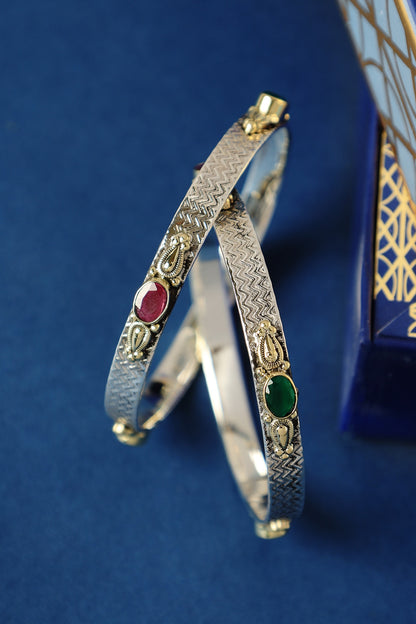 Two Tone Finish Ruby Onyx Temple Bangles In Sterling Silver (Set Of 2)