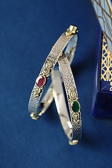 Two Tone Finish Ruby Onyx Temple Bangles In Sterling Silver (Set Of 2)