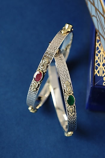 Two Tone Finish Ruby Onyx Temple Bangles In Sterling Silver (Set Of 2)