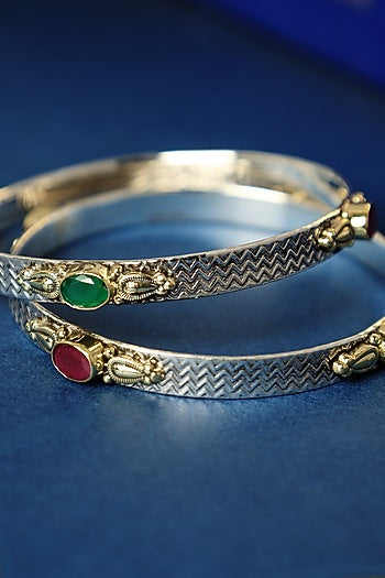 Two Tone Finish Ruby Onyx Temple Bangles In Sterling Silver (Set Of 2)