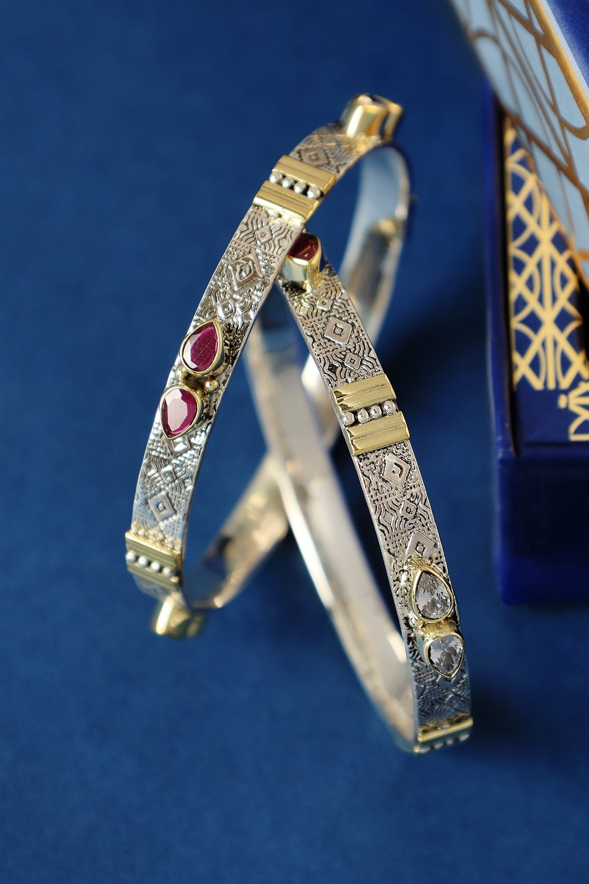 Two Tone Finish Ruby Onyx Temple Bangles In Sterling Silver (Set Of 2)